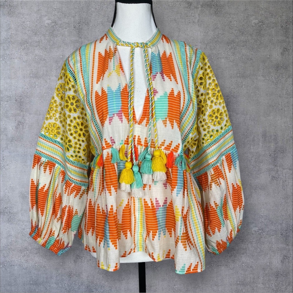 Alice And Olivia Ikat- Print Pullover Top Womens S Tassels Babydoll Boho Coastal - Picture 2 of 7